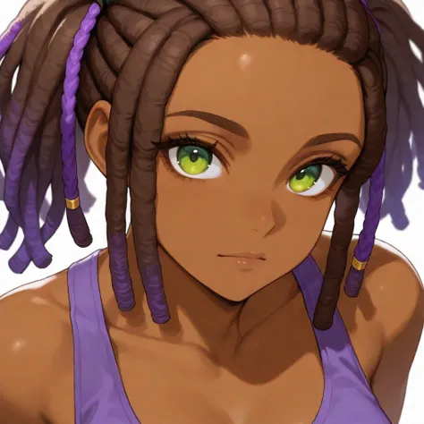 RPG portrait, white background, upper body only, Front facing posture, 20s female,Brown Dreadlocks hair, pigtails, short hair, green eyes, brown skin, looking at viewer, purple string tank top