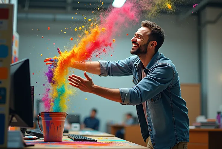  Realistic image of a man standing , happy,  Throwing colored paint with a bucket into a computer from afar