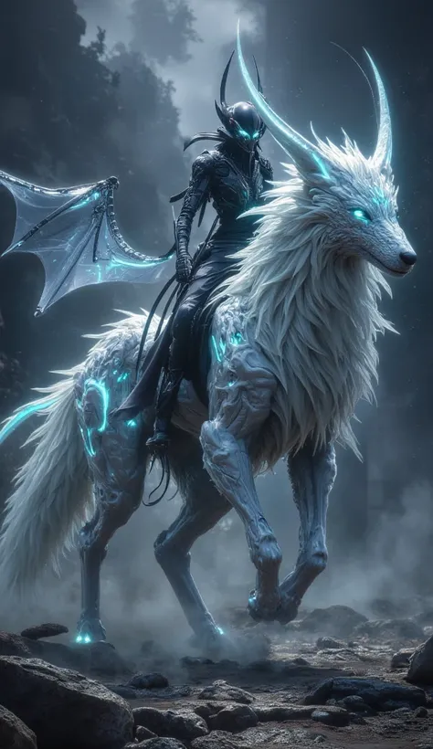 Emerging from the veil between worlds, a spectral wolf with glowing blue markings rides a ghostly dragon with semi-transparent wings that ripple like mist. As they pass through the ruins of forgotten civilizations, their presence distorts reality itself. T...