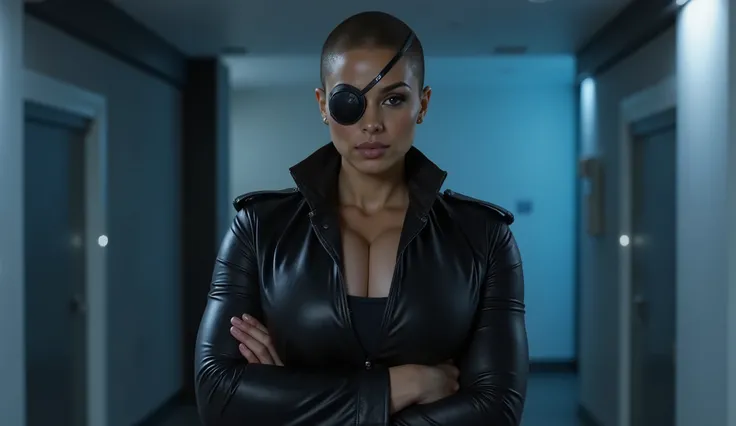 "A confident woman, Nicole Fury, stands with a commanding presence in a dimly lit room. She has a dark brown complexion and a sleek black eyepatch over her left eye. Her hair is cut short in a stylish buzz cut, and she wears a black tactical leather coat t...