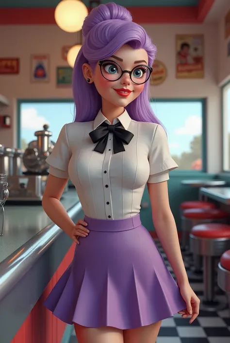 50's diner waitress with glasses and long light purple hair