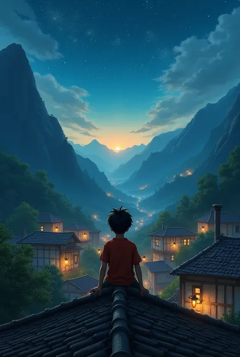 A small village nestled between tall green mountains at dusk, with a boy named Leo sitting on a roof, gazing at the night sky filled with bright stars