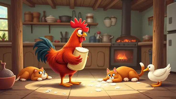 The red hen stands in the farmhouse kitchen with the sack of flour, looking at her friends. The dog lies on the floor, the cat cleans her paws, and the duck pecks at some crumbs, all ignoring her.