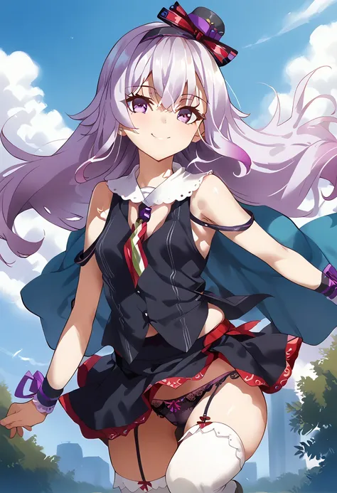 masterpiece, high resolution, top quality,8k( takeda hiromitsu style)
(Carlo Pino ,purple hair,small breast,Young)
(black shirt,necktie,sleeveless,black skirt,white thighhighs,hat)
(smile,lace panties,skirt up for Wind)