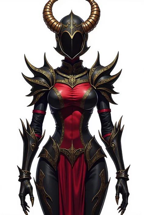 Anime illustration of a woman in elegant gothic armor, (( full body))  with an intricate design .  The armor is predominantly black with deep red details and gold filigrees . The helmet is tall ,  with two large horns curved upwards ,  with a sculpted desi...