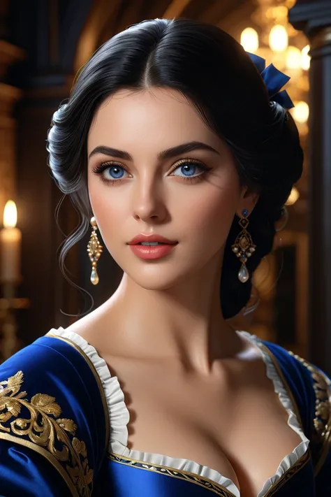 Night, Black Hair, Deep Blue Eyes, Spanish Noblewoman, Baroque Beauty, Natural Beauty, belladonna, shadowed cell, cell saded, dynamic lighting, DDIM, WLOP, Unreal Engine, global illumination, intricate detailed environment, intricate painting, HD, Razumov ...