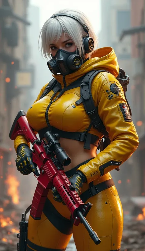 Photo of a Free Fire female character with the name SERAPHIM on his clothes, red m4 in her hand, wearing gas mask, big boobs, chubby body, YELLOW nanotech suit , WHITE short hair, people shhoting with guns in background