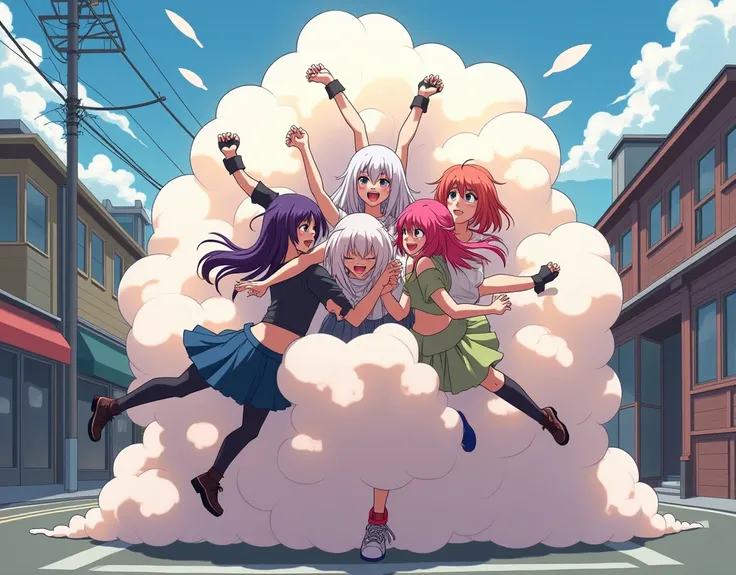 An anime-style illustration depicting many gang-girls playfully wrestling with each other inside a town comical fight cloud.
each gang-girl has different colored hair.
their faces,hands,and feet are visible emerging from the cloud as they tussle humorously...