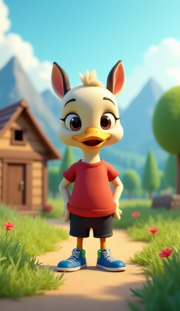 Scene 1: A hardworking deer in the village

 Description: A hardworking cartoon duckling in a green-blue village with expressive eyes and wearing a red t-shirt, black shorts and blue sneakers.  The duckling is standing in front of a small wooden house.  A ...