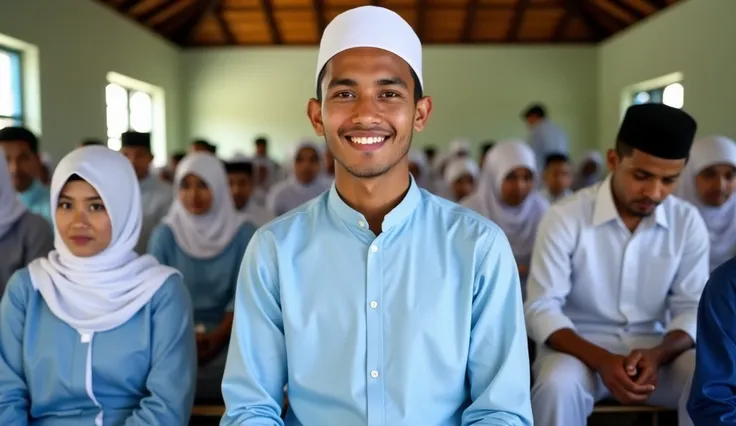 A handsome full-body Muslim young man is wearing a light blue Koko shirt and a white sarong. And a white cap. He was seen sitting in front of a beautiful Muslim woman wearing a white hijab and a blue robe. Among them was an old Muslim man wearing a white s...