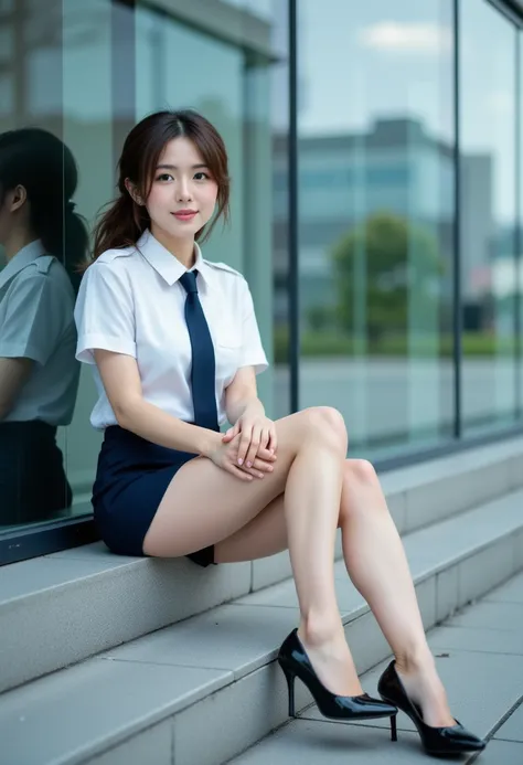 sexy beautiful Japanese woman, self-defense officer uniform, wearing a white short-sleeve shirt, navy tie, navy pencil mini skirt, sexy black patent high heels, beautiful hip line, The whole body is reflected from the feet up, She's sitting on wide stairca...