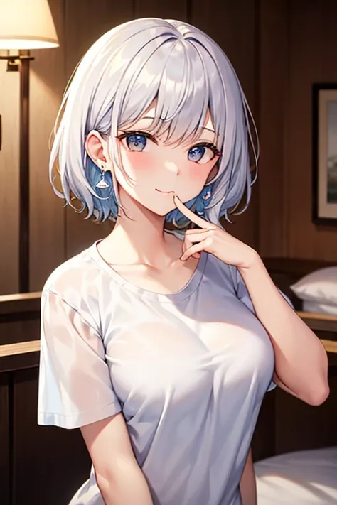 The older sister with short white hair in a white shirt 。 wears dolphin-shaped earrings in her ears。 and my breasts are big。 I'm at a love hotel 。I'm putting my finger on my mouth。