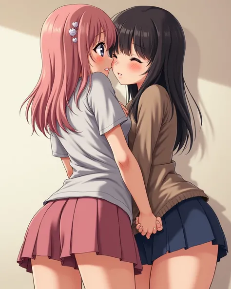 Thick anime girls, the girl grinding her hips against the other girl's behind 
