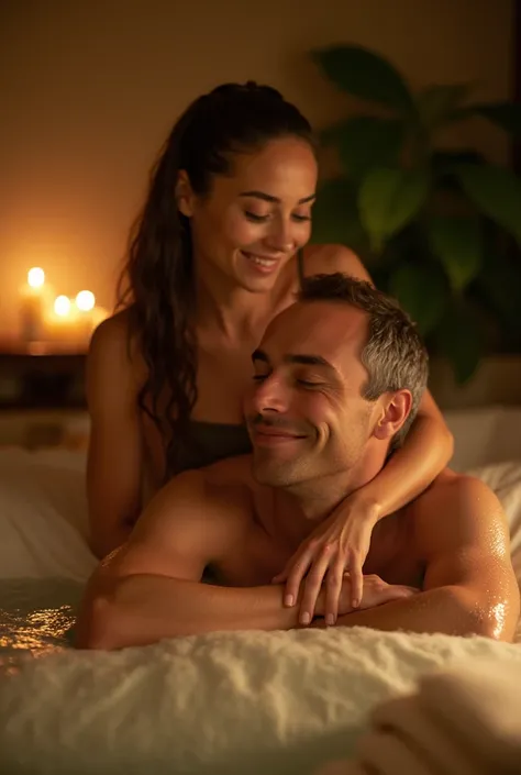   An intimate and relaxing scene in a Japanese spa environment .  A couple is on a bed or futon covered with a waterproof sheet , both naked on top of each other .   atmosphere but with bodies covered by oil that reflects faint light.  The lighting is warm...