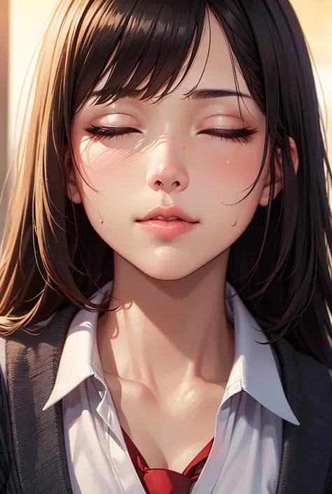 ( high quality,  high resolution, Fine details), sunset, (  close-up face :1.2),  sexy huge muscles ,  warm colored lights,   warm colors  , Alone,  school uniform ,  Kirby Woman, ( close your eyes), (kiss face and lips ), , sweat,  oily skin,  shallow dep...