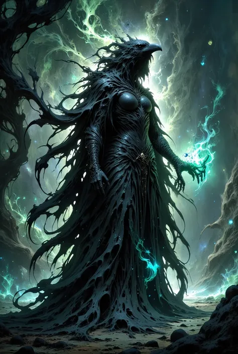 A female anthropomorphic raven stands amidst a misty forest glade, shrouded in an aura of mystery. Her black feathered cloak wraps around her feminine curves like dark smoke. Her head is that of a raven, and where her body shows beneath her clothing, it is...