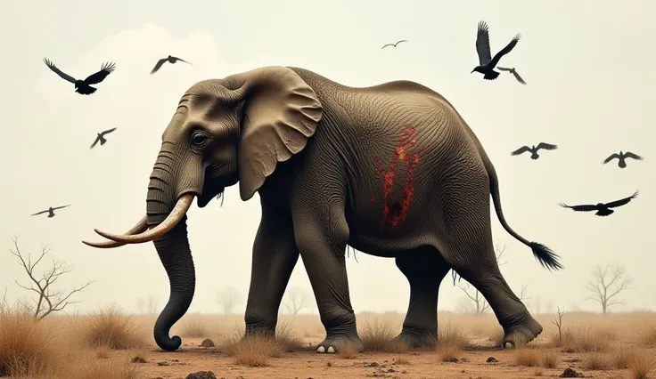 A massive, dying elephant stands weakly in the middle of a dry, barren land, his once-majestic body covered in deep, blackened wounds that ooze thick, dark fluid. His trunk is half-torn, and his legs shake under his weight. His skin is peeling in long stri...