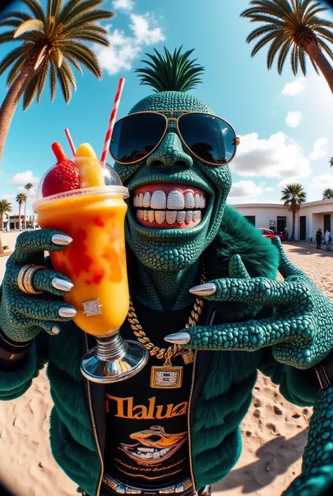 gr!llz, photograph An ultra-realistic, first-person view (FPV) of human-like character inspired by sci-fi aesthetics. The perspective shows the viewer's hands reaching forward, one hand holding an intricately detailed tropical fruit and icecream drink. The...