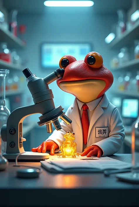 Create a chemical center for me where a red frog in a doctor's suit with a tag on its chest with the words Peipei analyzes the discovery of a golden frog under a microscope