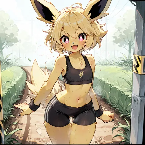 (furry, Kemomo:1.5), Jolteon, 1girl, solo, short hair, glowing eyes, flat chested, wide hips, thigh gap, sweaty, happy, smiling, wear a black sports bra and black spandex shorts, panty outlines, running a lightning speeds, down a dirt road, high quality, h...