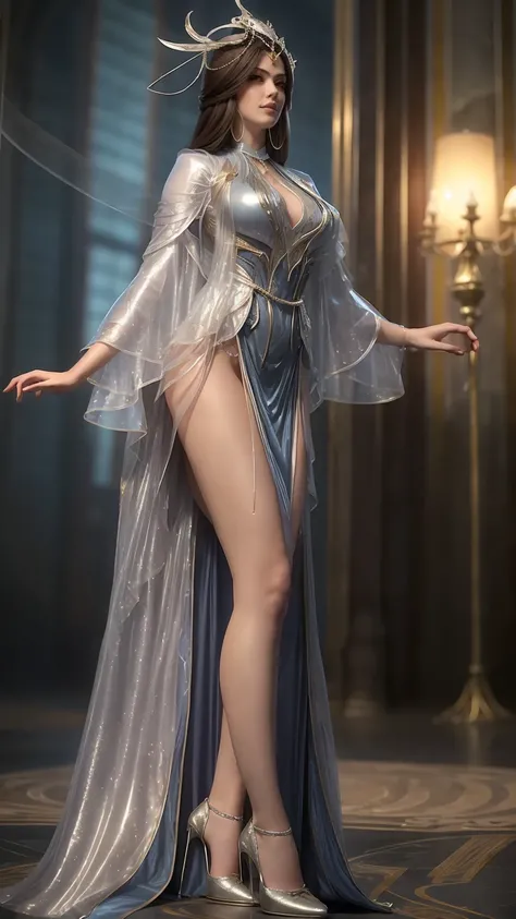 Cartoon sexy and alluring and seductive woman standing on the starry sky like dominant and powerful enchantress or goddess, Water splashes at the knees, glittery celestial sophisticated large ethereal dress, shiny dress，CG Social Trends, Smooth anime CG ar...