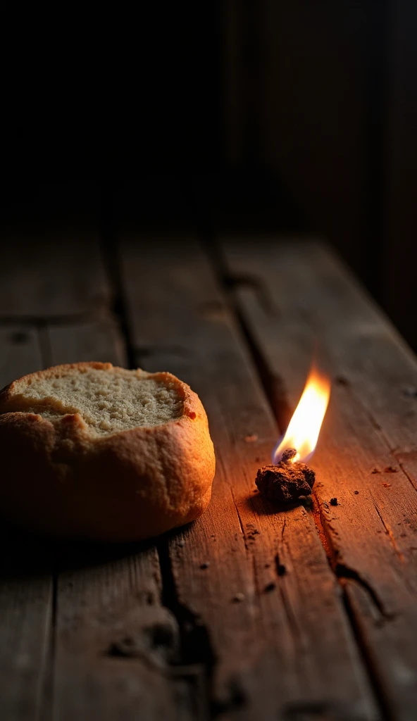 A close-up of a rustic wooden table, with a piece of bread resting on it. Next to the bread, there is a glowing ember, flickering with intense light. The soft, warm glow of the ember contrasts with the simple, humble appearance of the bread. The background...