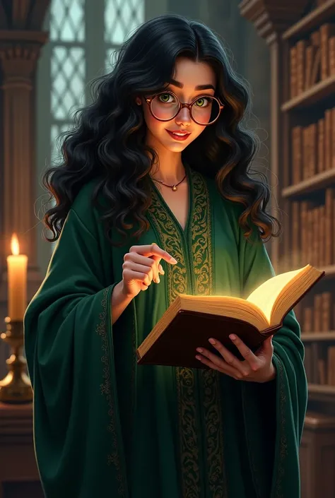 A 28-year-old witch with deeply curly black hair, wearing glasses, dressed in a flowing deep emerald robe with intricate golden details, Hogwarts-inspired style, 2D digital art, best quality, standing in the Hogwarts library at night, surrounded by floatin...