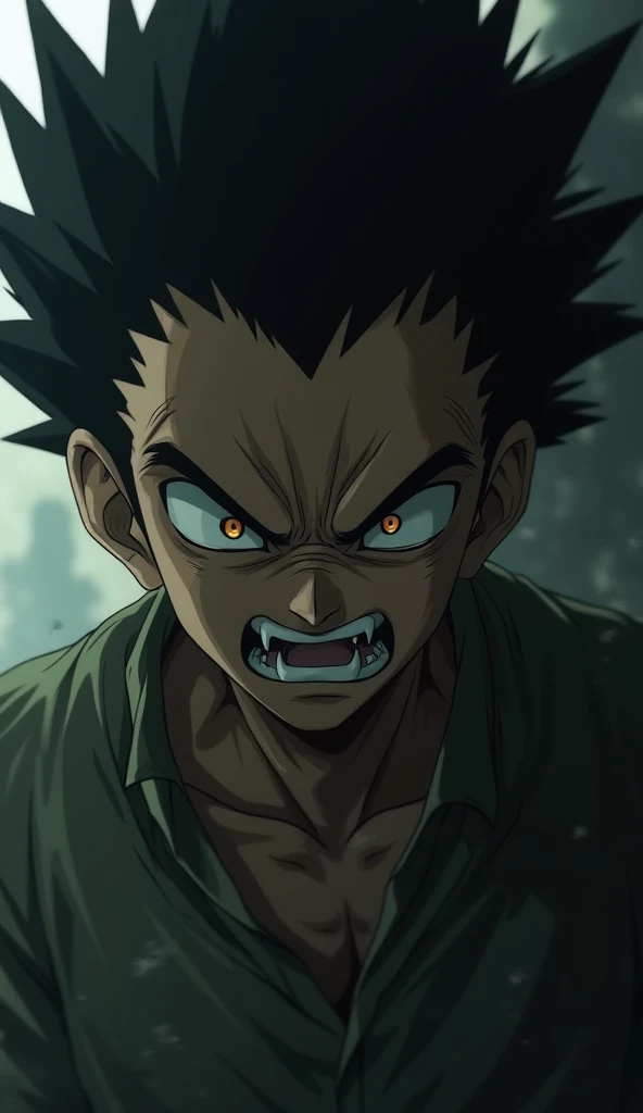 Create a realistic image of Gon in Hunter x Hunter for me when he's pissed off with a dark theme