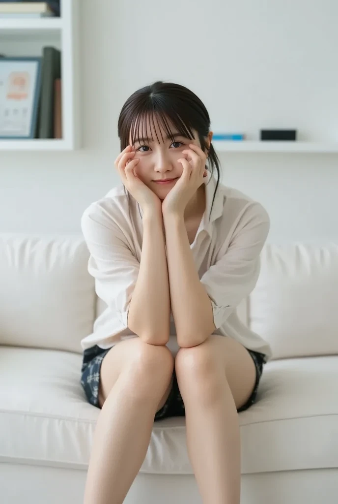  photograph her from a low angle  、 Leaning forward、 wear a loose open shirt with a bare top  ,  stares at the camera,  teeth clenching,  put your hands under your chin to show a natural smile 、 when sitting on the couch 。  loosely tied ponytail 、 soft ban...