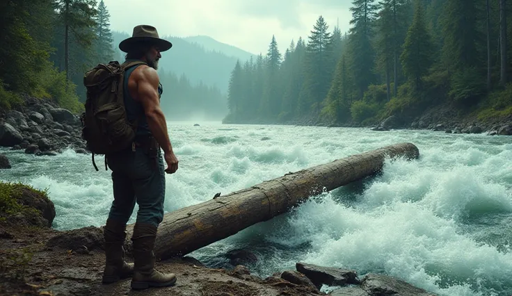 The River Crossing: Benny  standing at the edge of a fast-moving river, looking at the fallen log across it, preparing to cross