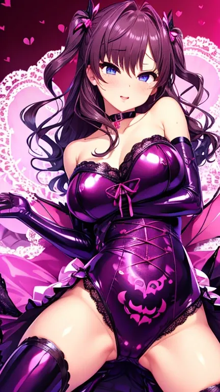  erotic with vaginal pressure、Ichinose Shiki、Big Breasts、Lustful lace black lingerie、 Thin Full Body Bodysuit、 bat wings 、Arrow Tail 、Glossy Purple Eyes 、 Pink Love Hotel with Dim Light、 pink wall 、Evil grin、despise、 look down、Open your mouth slightly、 Evi...