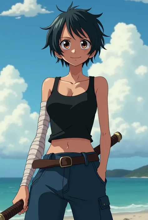 Screenshot of One Piece,  girl with short hair a little above her shoulders ,  somewhat messy with a natural and free style . dark color, Between black and brown.  She has black and light brown eyes, She is smiling and wears a katana in her hand and is wea...