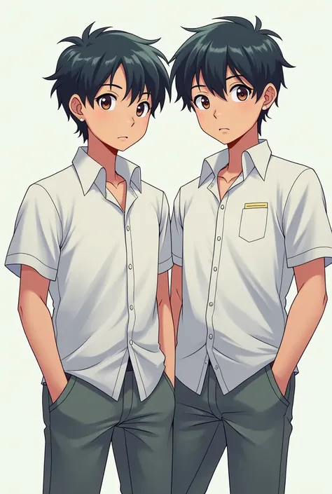 Create a poster cover titled "Bangku belakang, Prestasi depan" With two male high school characters and the setting of State High School 9 Samarinda. Uniform of white shirt and grey pants, animated anime cartoon theme image