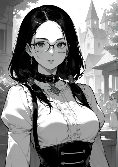 core_9,score_8_up,score_7_up,score_6_up, face, (1Girl), (long hair), glasses, medium breasts, (anime), forehead, pose, two low tails, monochrome, lineart, (manga), ((sexy)), black hair, black and white, waiters, jewelry,medieval, collar 
