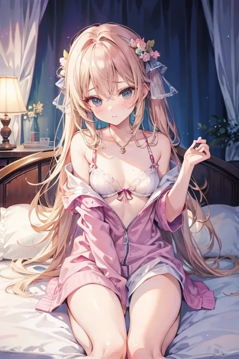 One person　 cute　 long　I'm not wearing pants or pants　Sit on the bed to accentuate your thighs and chest　 in a royal bedroom 　 has an embarrassed expression 　Teary-eyed