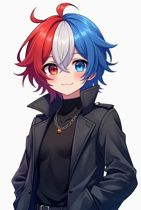 A unique  male vtuber，2.5D full body design，Have front and rear design drawings，The left half of the hair is red，The right half of the hair is blue，The middle part of the hair is white，Red eyes on the left，On the right are blue eyes，Wear a long black leath...