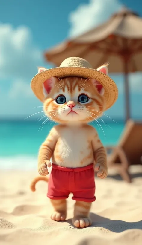 kitten ,                     BRIGHT                ,     cute blue eyes                     ,        (   red bikini pants                )         ,   straw hat ,           beach background     ,     beach umbrella in the background   ,                    ...