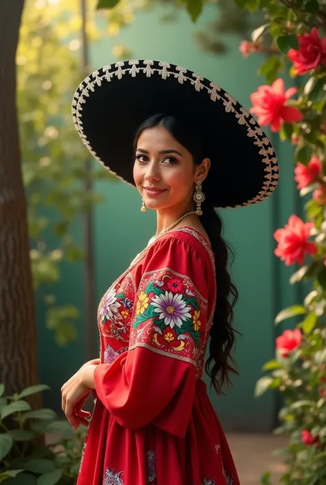 "A Mexican woman viewed in profile, wearing a black sombrero with a white band, and a traditional red folklore dress adorned with floral and regional motifs. She stands against a backdrop of lush greenery, with trees and vibrant flowers framing the scene i...