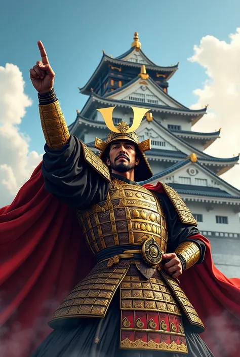  Oda and Nobunaga、"A powerful and dramatic depiction of Oda Nobunaga, a legendary Japanese warlord from the Sengoku period, commanding with authority. He is dressed in elaborate samurai armor adorned with gold and intricate designs, symbolizing his power a...