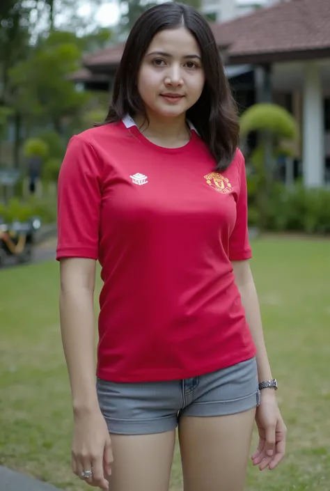 Beautiful female photography model, Indonesian artist Bulan Sutena, She poses very seductively, looking forward at the camera, the girl poses while standing, daylight, (( sexy red shirt with manchester united writing, in the street, camel toe, arrousing, t...