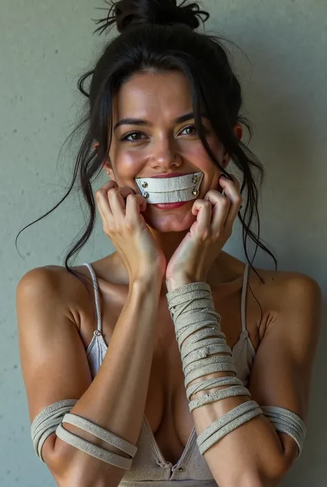 Generate a woman smiling proudly displaying an intricate white bit gag glued between her teeth and her hands tied behind her back 