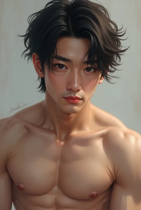 Photorealism1.4, Handsome korean artist, bangs, flowing hair, downturned eyes, long eyelashes, thick eyebrows, sharp jawline, strong and muscular body, detailed muscles and veins, chiseled body, perfect abs 