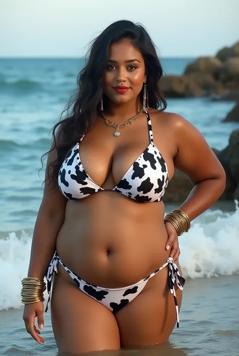 full body picture , BBW Wet curvy, wet Desi MOMMY showing her big ass  in sexy sexy thong cow pattern bikini and showing cleavage and in nose ring, many bangles in hands, earings, necklace ,lipstick ,navel, Indian, Chubby, showing her curves in sea water, ...