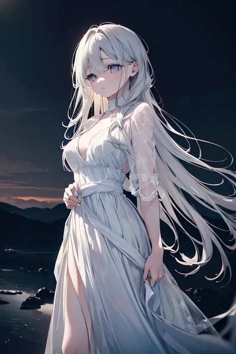 a beautiful sad girl wandering and searching for her place in the world, extremely detailed face and eyes, delicate and fragile, emotional and melancholy expression, long flowing hair, wearing a simple dress, standing in a dark and desolate landscape, dram...