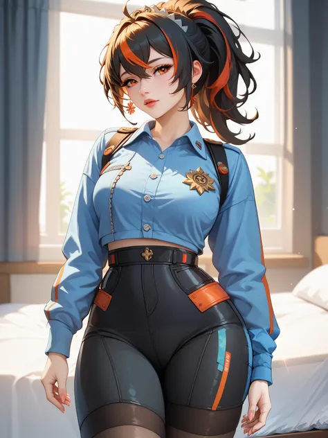 Masterpiece, extremely detailed,4k,solo, 1girl,zhu yuan,ponytail streaked hair, beauty anime face, full body, stand up,perfect slim body , bright body skin, thin lips,perfect slim body, very large breasts,black outfit,sexy bodycon dress, Front look, bed ro...