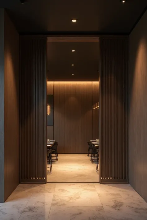 Minimalist jazz-style restaurant entrance hall with lights both with room divider