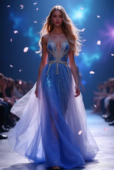 A breathtaking vision of celestial beauty, a young woman walks the runway in a shimmering ombré gown that transitions from deep sapphire blue to iridescent silver, resembling a night sky filled with stars. Her cascading hair flows in a mesmerizing gradient...