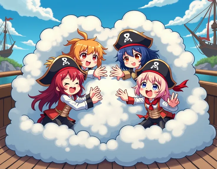 An anime-style illustration depicting many pirates-girls playfully wrestling with each other inside a harbor comical fight cloud.
each pirates-girl has different colored hair.
their faces,hands,and feet are visible emerging from the cloud as they tussle hu...