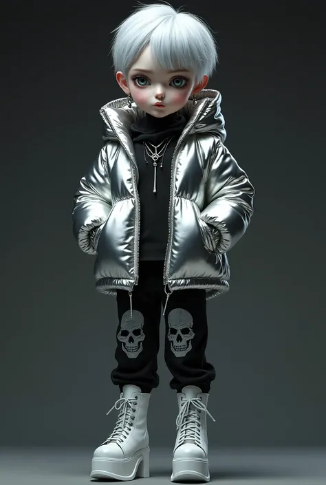 Gothic doll,  beautiful boy, silver hair, silver love earrings, silver metal high-collar down jacket, the collar covers the mouth, hands in the down jacket pockets, jacket zipper pulled up, white trousers with skull pattern, white lace-up high platform boo...