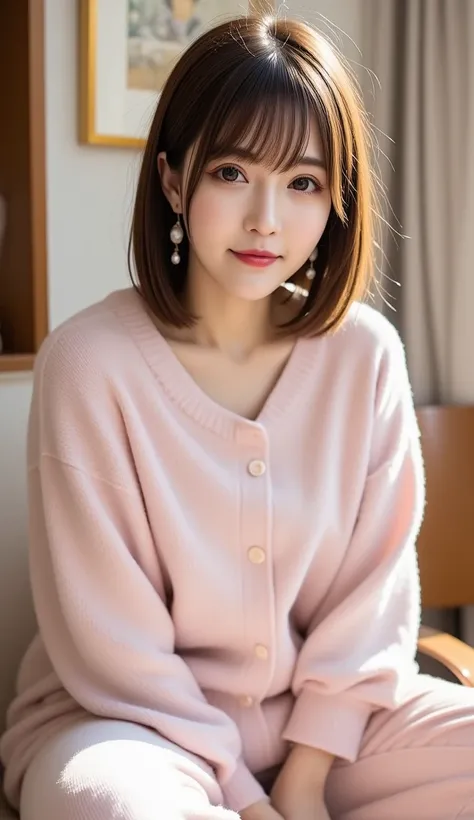  with a smile、12K、HDR、   Japanese、  bits deep 10 bits   、The model is not wearing makeup、 with no makeup in the background、(   is present  ,   photo  is present  :1.4), Masterpiece,  random hairstyle、The kitchen room in the morning is in the background、((W...